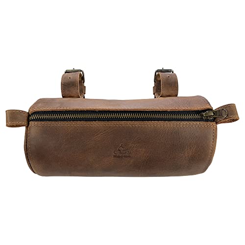 Hide & Ride, Rustic Barrel Tool Bag for Motorcycle Handmade from Full Grain Leather - Handlebar Bag for Bikers with Adjustable Straps, Motorbike Pouch - Bourbon Brown