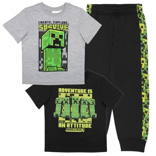 Minecraft Creeper Boys 3-Piece Pants Set, Two Short Sleeve T-Shirts & Jogger Pants 3-Pack Bundle Set for Kids (Size 8, Black/Grey)