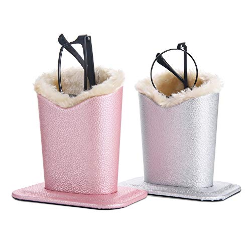 Siveit Eyeglass Holders, PU Leather Eyeglass Holder Stands with Soft Plush Lining, Silver, Pink - 2 Packs