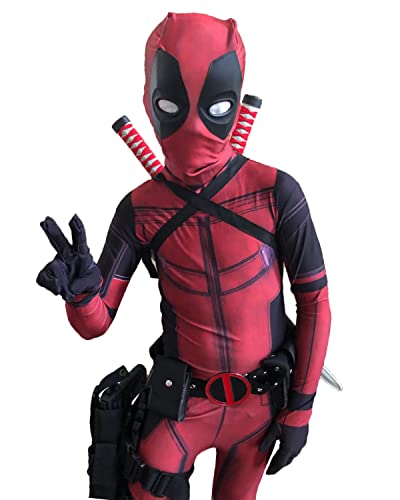 AMOCO Children Superhero Cosplay for Kids Boys Bodysuit Jumpsuit Outfits Halloween Costume With Accessories Full Set (Kid-Medium (Height: 49-53 inch), 5PCS Suit)