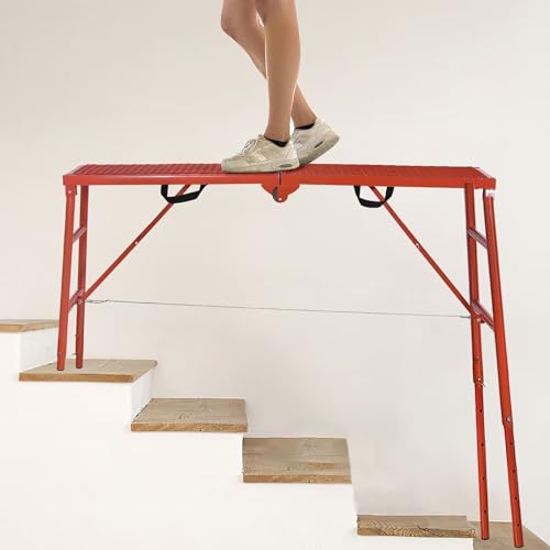 LEADALLWAY Scaffolding Platform 70(L) x15(W) x33(H)''770 LBS Capacity Folding Adjustable Portable Work Platform Ladder,Red