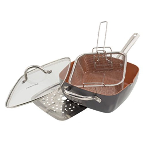 4-pc Deep Square Copper Cookware Pan Set, 6-in-1, You can bake, deep-fry, roast, steam, saute or broil, with just this one pan! Includes two easy dual pour spouts and beautiful slate gray exterior!