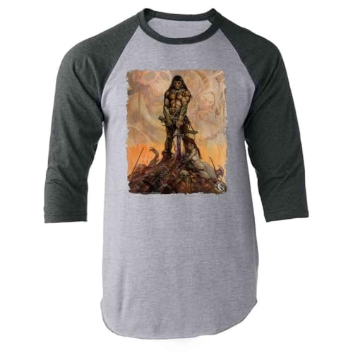 Pop Threads Barbarian by Frank Frazetta Art Raglan Baseball Tee Shirt Gray Sleeves M