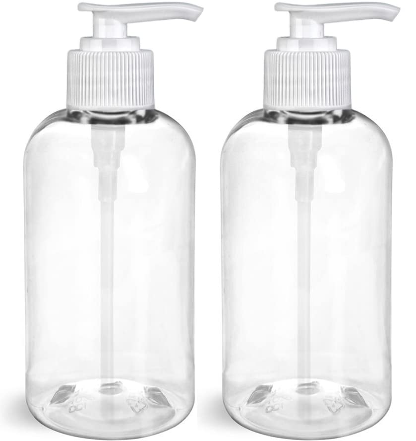 BRIGHTFROM Plastic Bottles with Pump Dispenser, 8 OZ Empty, BPA Free Refillable Containers for Body Wash, Moisturizer, Face Cream, Liquid Soap - Clear/White - 2 Pack