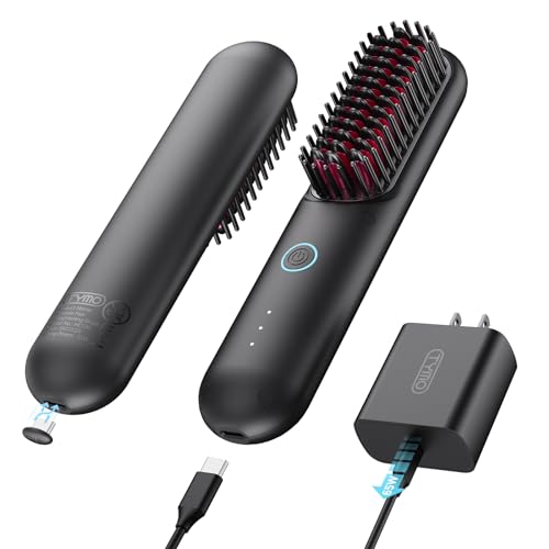 TYMO Cordless Hair Straightener Brush - Porta PRO Portable Straightening Brush for Travel, Mini Ionic Hot Comb Straightener for Women, Lightweight on-The-go, Cordless and Fast Charger Dual Power