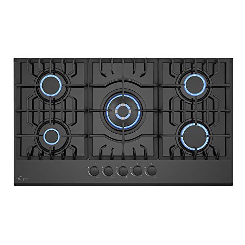 Empava 36 Inch Gas Stove Cooktop 5 Italy Sabaf Sealed Burners NG/LPG Convertible in Black Tempered Glass