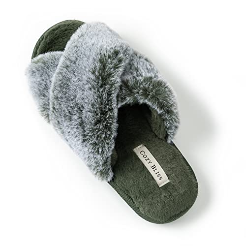 Cozy Bliss Women's Faux Fur Slippers Cross Band Open Toe Breathable Fuzzy Fluffy House Slippers Memory Foam Anti-Skid Sole Indoor Outdoor Slippers (5-6, Green Marl)
