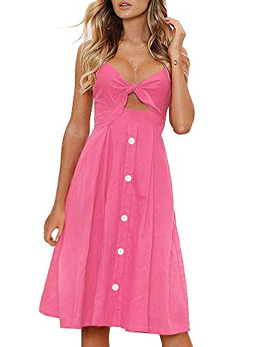 FANCYINN Womens Pink Tie Front Button Down Spaghetti Strap Midi Dress Summer Beach Rose Pink L