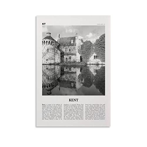 Kent Print Black and White, Kent Wall Art, Kent Poster, Kent Photo, Kent Map, England, UK, United Ki Poster for Room Aesthetics Canvas Wall Art Poster and Print 20x30inch(50x75cm)