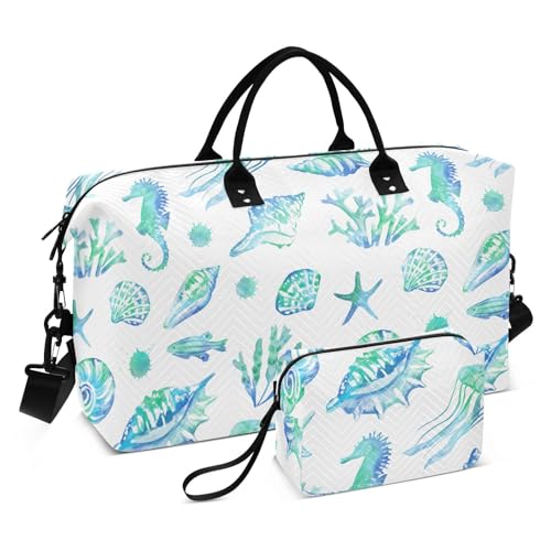 Tropical Green Fish Seashells Travel Duffel Bags Carry on Bag Sports Gym Bag with Toiletry Bag for Workout Multifunctional