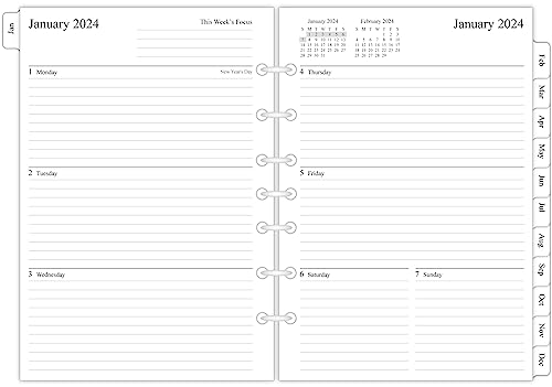 2024 Weekly & Monthly Planner Refill, 5-1/2' x 8-1/4', Runs from January 2024 to December 2024, Ruled Daily Boxes, Classic/Desk Size 4, 7-Hole Punched