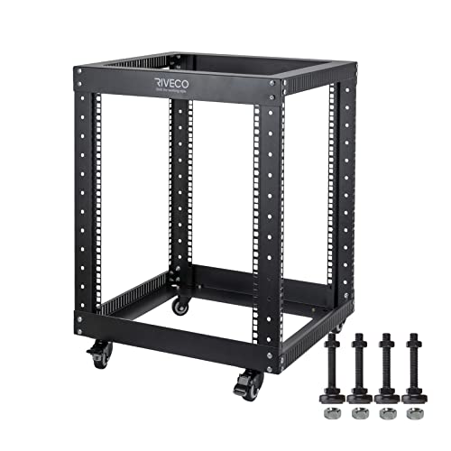 12U Server Rack Open Frame with Casters-RIVECO 4 Post Quick Assembly 19-inch, Data Rack Network Shelf Cabinet Heavy Duty Black