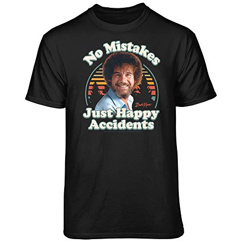 Teelocity Bob Ross No Mistakes Just Happy Accidents Retro Graphic T-Shirt (X-Large - Standard Fit, Black)