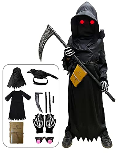 longpo Halloween Costumes for Boys Grim Reaper Costume Kids Set Scary Ghost Cosplay Outfit Halloween Party Favors Gifts (M)