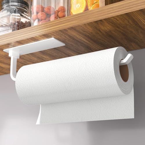 Paper Towel Holder - Self-Adhesive or Drilling, White Wall Mounted Paper Towel Rack Under Cabinet for Kitchen, Upgraded Aluminum Kitchen Roll Holder - Lighter but Stronger than Stainless Steel!