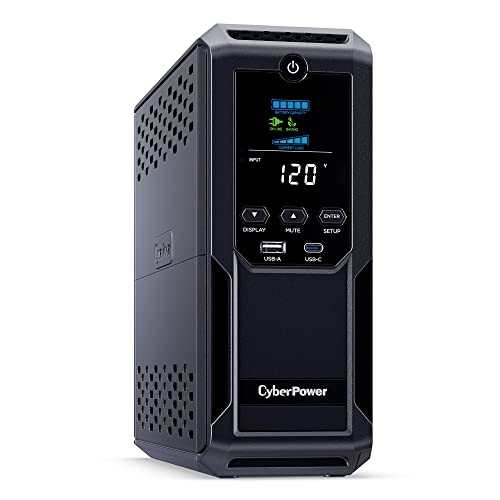 CyberPower CP1500AVRLCD3 Intelligent LCD UPS System, 1500VA/900W, 12 Outlets, 2 USB Ports, AVR, Mini Tower, Black