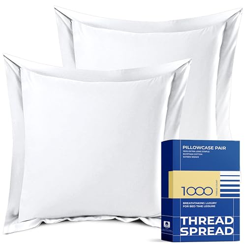 Thread Spread 100% Egyptian Cotton European Pillow Shams Set of 2 with Envelope Closure - 1000 Thread Count White Euro Pillow Sham, Silky Soft, Breathable, Cooling Pillow Sham (26' x 26')