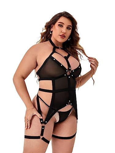 SOLY HUX Women's Plus Size Sexy Lingerie 2 Pieces Sets Exotic Mesh Sheer Garter Teddy Babydoll Bodysuit and Thong Solid Black 2XL
