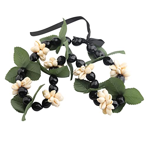 KUIYAI Hawaiian Kukui Nut Necklace with Chunky Heart-Shaped Beads Ribbon Tie Closure (30ShellBeads-Blk)