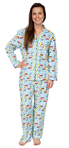 Leisureland Women's Cotton Flannel Pajama Set Sleepy Kitty Cat Blue Medium