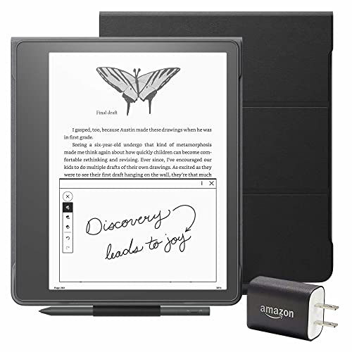 Kindle Scribe Essentials Bundle including Kindle Scribe (64 GB), Premium Pen, Leather Folio Cover with Magnetic Attach - Black, and Power Adapter