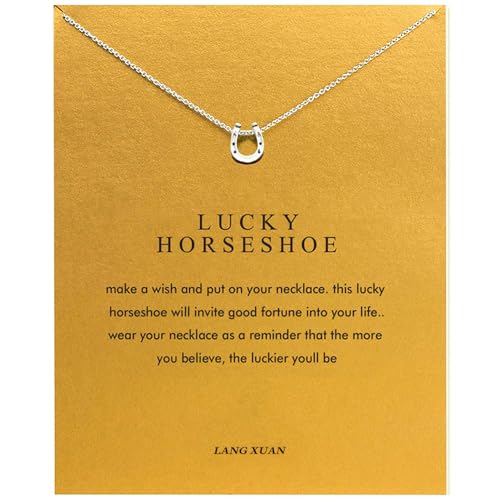 LANG XUAN Good Luck Horseshoe Pendant Friendship Chain Necklace with Meaning Card for Women Silver Gift