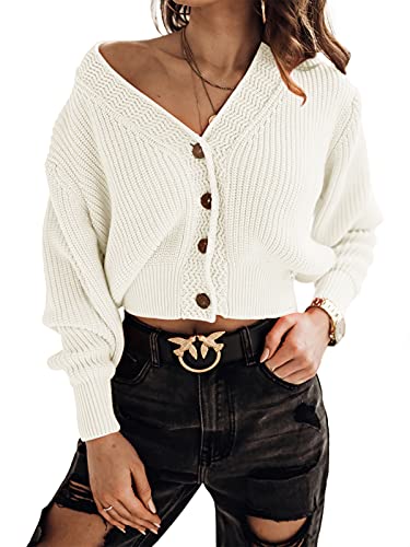 Febriajuce Women's Long Sleeve V-Neck Button Down Rib Knit Cropped Cardigan Sweater White