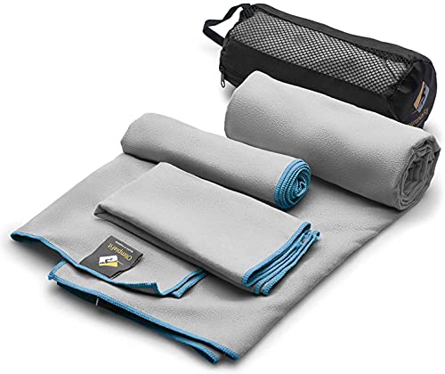 OlimpiaFit Quick Dry Towel - 3 Size Pack of Lightweight Microfiber Travel Towels w/Bag - Fast Drying Towel Set for Camping, Beach, Gym, Backpacking, Sports, Yoga & Swim Use﻿ (GREY)