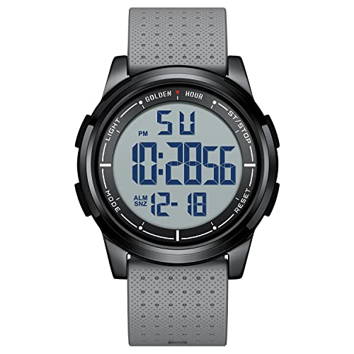 GOLDEN HOUR Ultra-Thin Minimalist Sports Waterproof Digital Watches Men with Wide-Angle Metal Case Bright Display Rubber Strap Wrist Watch for Men Women in Gray