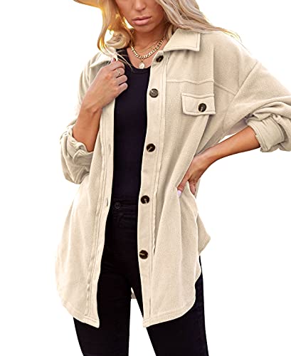 Merryfun Womens Flannel Shirt Jacket Button Down Long Sleeve Oversized Shacket Coat Loose Casual Blouse Tops With Pockets,Beige M