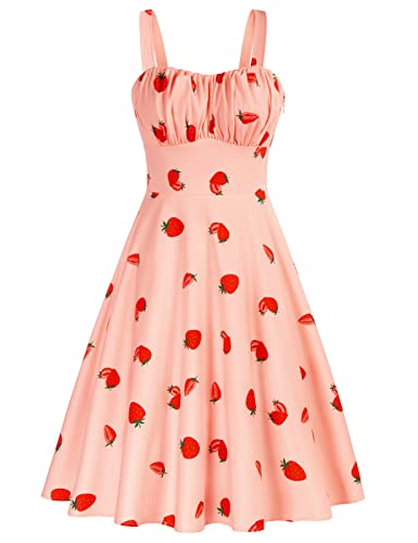 Retro Dresses for Women Vintage 1950s Dresses Floral A-Line Swing Midi Sun Dresses Women Summer Strawberry X-Large
