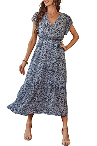 PRETTYGARDEN Women's 2024 Floral Boho Dress Wrap V Neck Short Sleeve Belted Ruffle Hem A-Line Flowy Maxi Dresses (Blue_01,Large)