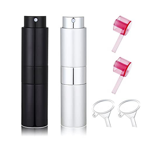 TIGERMILLION Portable Mini Perfume Atomizer Bottles (2 pcs), 8ml Travel Perfume Atomizer Refillable, Portable Mini Refillable Perfume Empty Spray (Matte Black+Silver)