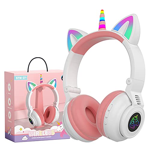 YUSONIC Unicorn Kids Headphones for Girls,Unicorn Bluetooth Headphones Foldable for Girls Toddlers Tablet/pad/Amazon fire,Light Up Kids Wireless Headphone Birthday Gifts (White Pink)