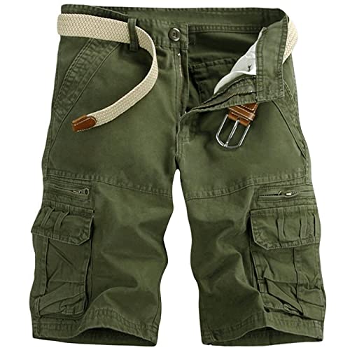 Pinkpum Mens Cargo Shorts Multi Pocket Relaxed Fit Work Casual Short with No Belt Cotton Green 34