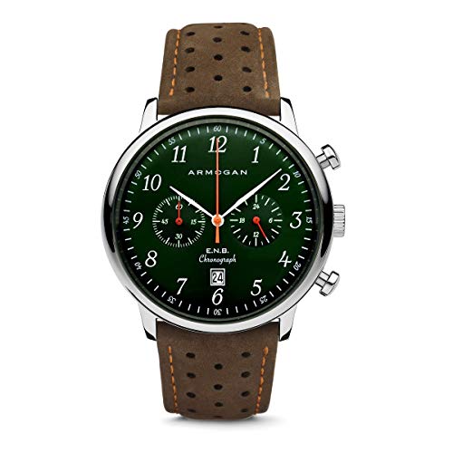 ARMOGAN E.N.B - Emerald Green S52 - Men's Chronograph Watch Brown Suede Leather Strap
