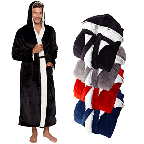 Ross Michaels Mens Robe Big & Tall Sherpa Lined Hooded Robe - Long Plush Fleece Bathrobe (Black, 2X-3X-Large)