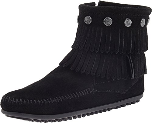 Minnetonka Double Fringe Side Zip Boot, Womens Boots, Black, 3.5 F UK