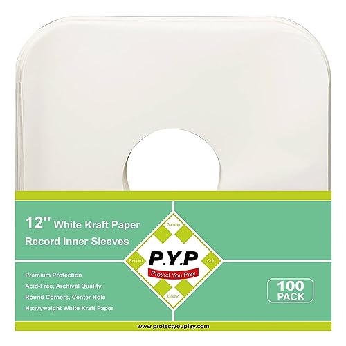 100ct 12-Inch Vinyl-Record Inner Sleeves - Made from Heavyweight White Kraft Paper, Album Covers with Round Corners for 33 RPM, Center Hole, Record Jackets to Protect The Collection of LPs & Singles