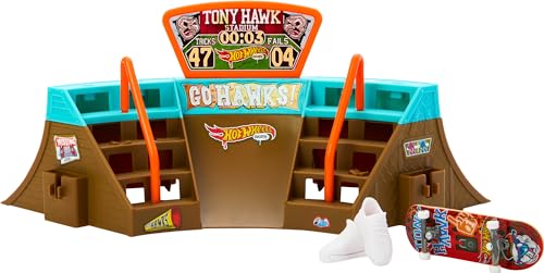 Hot Wheels Skate Stadium Playset Designed with Tony Hawk, 1 Exclusive Fingerboard & Pair of Skate Shoes, with Storage