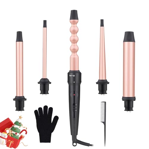 5 in 1 Curling Wand Set - EMOCCI PRO Hair Waver Iron Curler with 5 Interchangeable Ceramic Tourmaline Barrels Heat Resistant Glove Dual Voltage for All Curly and Wavy Hairstyle