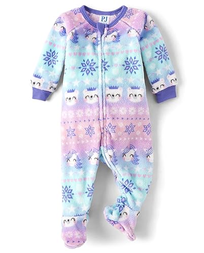 The Children's Place Baby Girls' and Toddler Fleece Zip-Front One Piece Footed Pajama, Unicorn Capri Blue, 3T