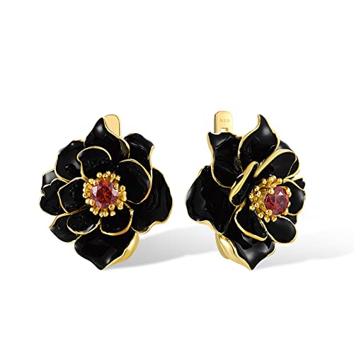 Santuzza Lotus Earrings 925 Sterling Silver Garnet Handmade Enamel Black Flower Dangle Earrings for Women
