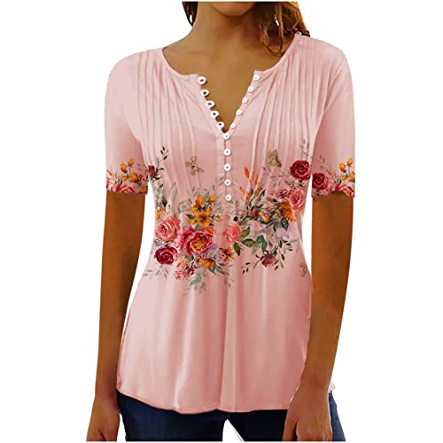 ZunFeo Women's Summer Dressy Top Twist Front Short Sleeve Shirt Blouse Floral Print Button V Neck Tshirts Flowy Boho Tees