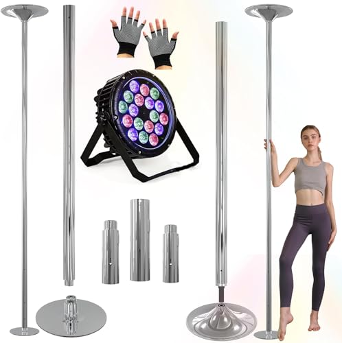 GOODTIMES Silver Dance Pole - Professional Dancing Pole with LED Lights, Portable Heavy Duty Spinning & Static Dancing Pole for Dancing, Height Adjustable Dance Fitness Pole for Training & Exercise