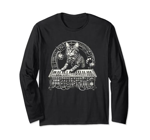 Steampunk Cat DJ playing Synthesizer Synth Kitten Musician Long Sleeve T-Shirt