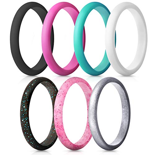 ThunderFit Women's Band Rings Thin and Stackable Silicone Rings Wedding Ring for Women - 7 Pack
