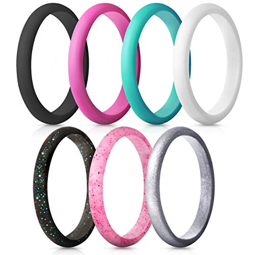 ThunderFit Women's Band Rings Thin and Stackable Silicone Rings Wedding Ring for Women - 7 Pack
