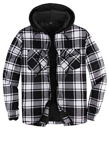 ZENTHACE Mens Sherpa Lined Flannel Shirt Jacket with Hood,Plaid Shirt-Jac,all Sherpa Lining Black/White L