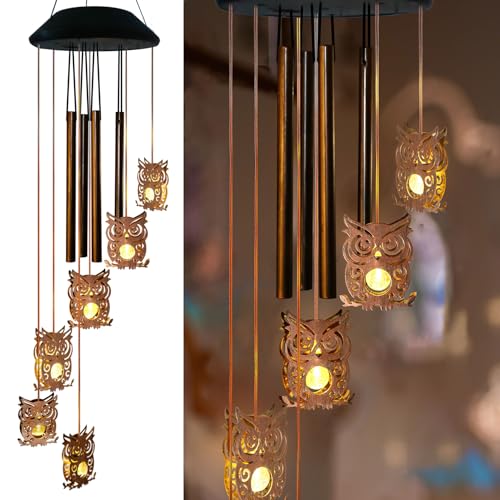 newvivid Solar Owl Wind Chimes Outdoor,Solar Wind Chimes for Outside,Hanging Lights Warm LED Garden Patio Yard Decor,Gardening Gifts for Wife Mother Grandmom,Christmas Yard Decorations